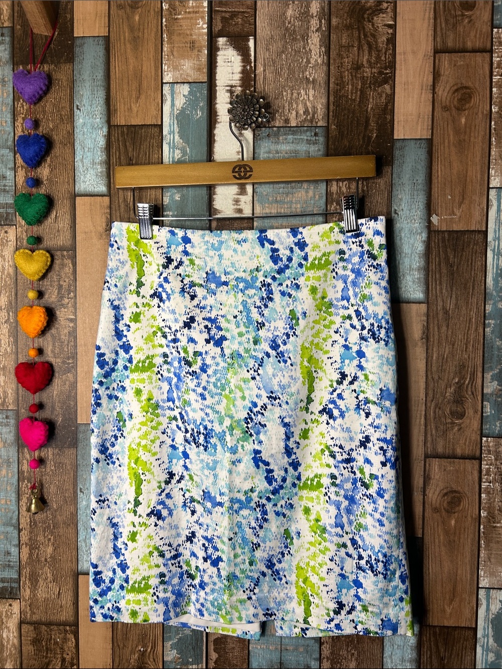Ann Taylor A-Line Skirt in Blue, Light Blue and Lime Abstract Print